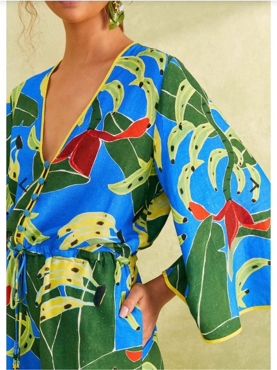 FARM Rio Pants - Farm Rio NWT Blue Banana Leaves Tropical V-Neck Drawstring Linen Romper, size L